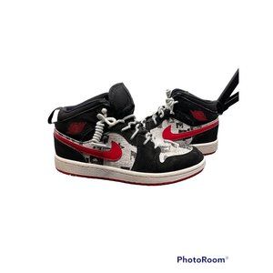Nike Jordan Air 1 Mid SE Newspaper Air Times Sneakers Black with White Red BQ693